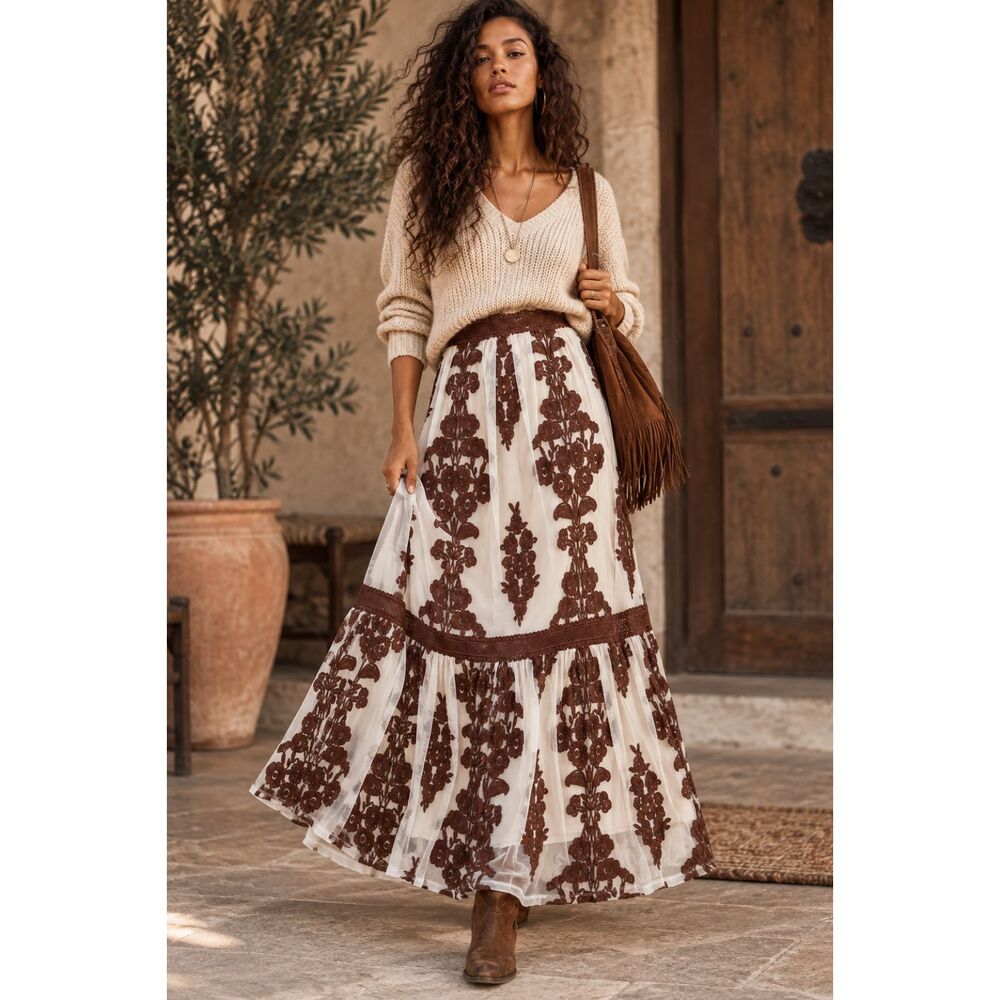 Altar'd State Arissa Floral Embroidered Maxi Skirt Ivory And Rust Brown Size XS